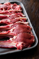 Package of Raw Lamb Chops Meat in Plastic Box / Container.