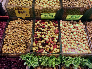 Assortment of Olives at Bazaar Market Stall in Istanbul / Turkey