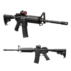 Modern black carbine with a collimator sight isolated on white