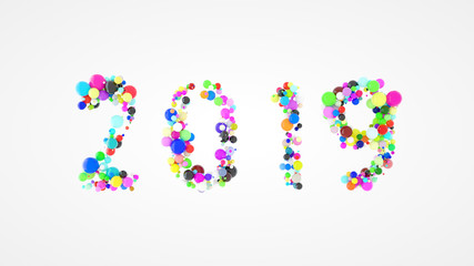 Happy New year 2019 word lettering made with colorful spheres floating and isolated on white background. 3d illustration