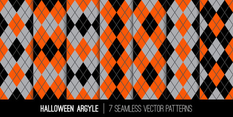Halloween Argyle Seamless Vector Patterns in Orange, Black and Gray. Traditional Fall Fashion Textile Prints. Repeating Pattern Tile Swatches Included.