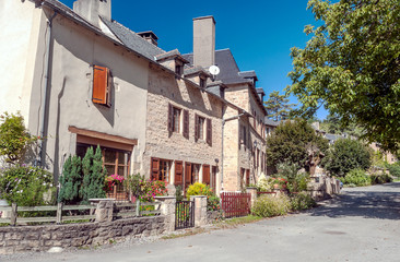 Streets of Conques in the mountains of southern France on a sunny day