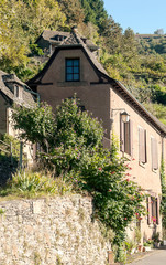 Streets of Conques in the mountains of southern France on a sunny day