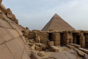 View on the Pyramid of Khafre with the Funerary Temple of the Pyramid of Menkaure in the foreground