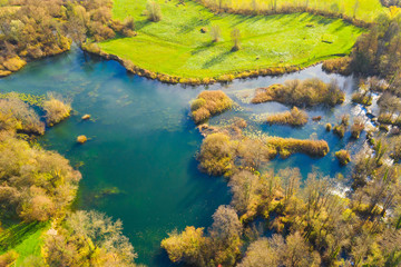     Croatia, Mreznica river, countryside landscape panoramic view from drone on waterfalls and trees in autumn 