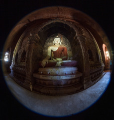 Temple interior with Buddha effigies, Bagan, Myanmar