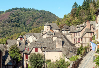 Streets of Conques in the mountains of southern France on a sunny day