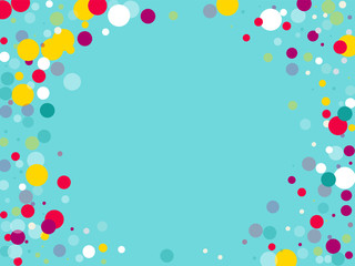 Flying multicolored confetti on a blue background. Red, pink, blue, yellow circles.