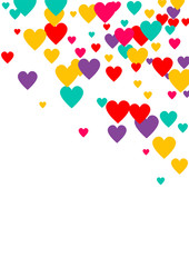 Candy of red, yellow, blue and purple hearts on a white background. Flying confetti from hearts. Valentine's day card.