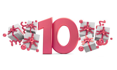 Number 10 pink birthday celebration number with gift boxes. 3D Rendering
