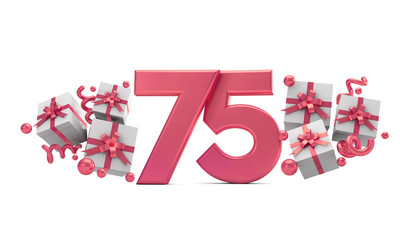 Number 75 pink birthday celebration number with gift boxes. 3D Rendering