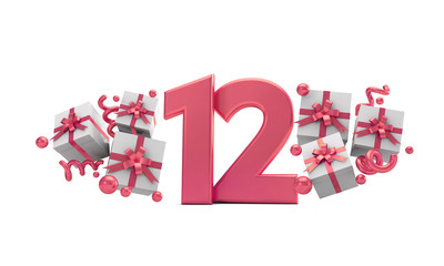 Number 12 pink birthday celebration number with gift boxes. 3D Rendering