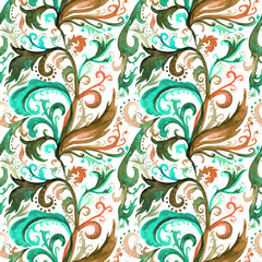 Hand drawn abstract watercolor seamless pattern with green, ochre and red floral ornament, curls, wavy lines, doodles
