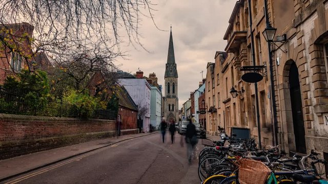 Timelapse zoom in view of traditional St Michael lane in central Oxford