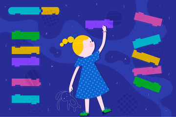 Cute smart girl is coding on abstract screen. Children coding and code training design concept in flat style