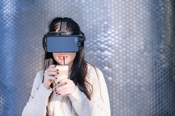 VR background white reflection girl face phone Woman virtual reality headset brunette phone