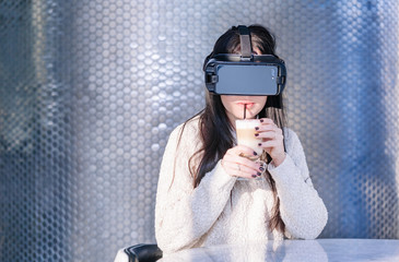 VR background white reflection girl face phone Woman virtual reality headset brunette phone