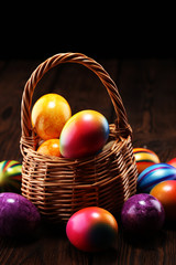 Basket of Easter eggs on table. easter decoration