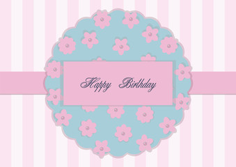Greeting card on a pink flat background with a ribbon in the middle and a floral element with pearl centers, vector scrapbooking composition.