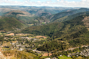 Aerial view of rural village in France on a sunny day