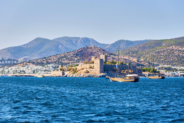 Fototapeta premium Yacht on the sea, beautiful bay in Turkey, Bodrum. Aegean coast