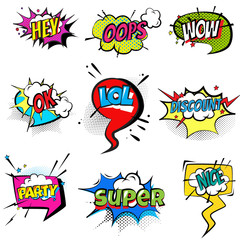 Set of stickers bubbles with text. Short messages in a color bubble.