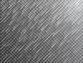 Realistic rain on transparent background. Falling water drops. Rainfall texture. Rainy cloudy backdrop. Rain storm. Vector illustration