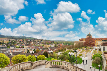 Naklejka premium View of Melk town from the entrance of Stift Melk with beautiful blue sky, Austria