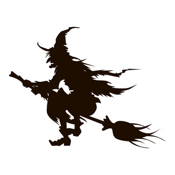 Vector illustrations of Halloween silhouette wicked witch with hat on broom fly