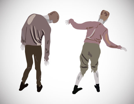 Zombie walking out, view from the back. Creepy elements, scary, halloween decor. Hand drawn silhouette, vector illustrations
