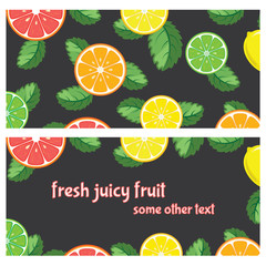 set of flyers in front and behind, postcard with bright fruits on a dark gray background. Bright banner for site of healthy diet, vegetarianism, raw with text
