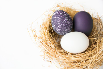 colored Easter eggs in nest on wooden background, selective focus image. Happy Easter card 