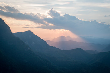 Sunset with clouds from mountain top in Nong Khiaw, Laos