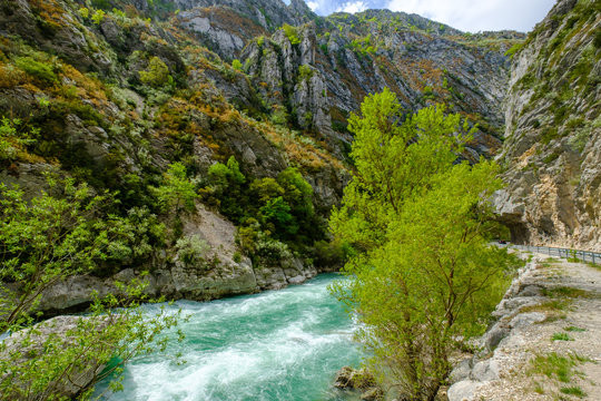 Vue sur le Verdon, au debut des Gorges du Verdon, entre les villages Castellane et Rougon. Alpes de Haute Provence. France.
