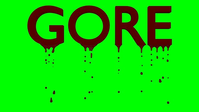 Animated blood dripping from all caps red text Gore. Blood droplets gets darker as they travel down, top and sides isolated.