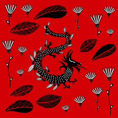 Black Dragon on a red background around flowers and leaves