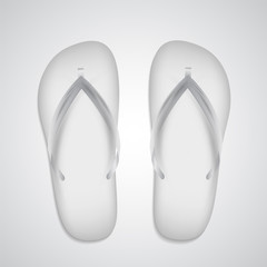 White slippers realistic template isolated on white background. Vector flip flops, beach clothing accessory. Mock up for branding. Summer pool shoes. Tropical footwear closeup.