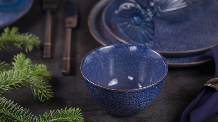  Dark blue christmas decoration with fir-tree branch.