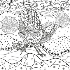 Square mandala. Abstract pattern with bird on isolated white. Hand drawn animal on isolation background. Design for spiritual relaxation for adults. Black and white illustration