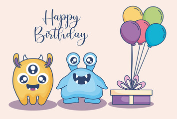 monsters with balloons helium and gift birthday card