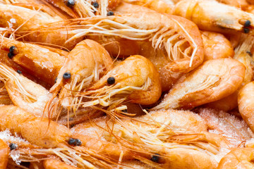 Two sea fresh pink Atlantic shrimps among other marine products. Photo of crustacean shrimp...
