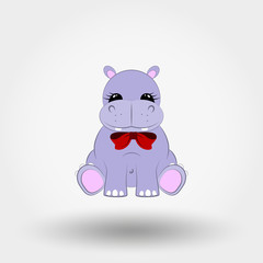 Hippo baby with red bow. Icon. Vector illustration. Flat design