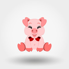 Pig with red bow. Icon. Vector illustration. Flat design