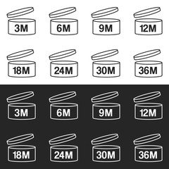 Vector illustration of 8 period after opening symbols in 2 colors. Expiration date signs: 3m, 6m, 9m, 12m, 18m, 24m, 30m, 36m. Fully editable set of PAO icons for packaging design and other projects.