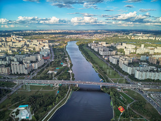 Park of the 850 anniversary of Moscow, Russia, left coast of the Moskva River, aerial view drone