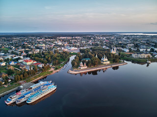 Fototapeta premium Uglich, Russia: ships on a pier in Uglich, Russia, drone aerial view
