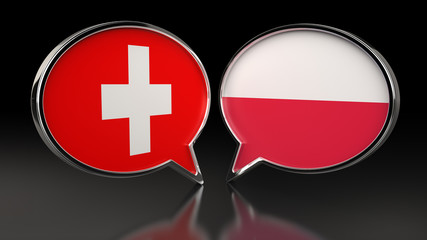 Obraz premium Switzerland and Poland flags with Speech Bubbles. 3D illustration