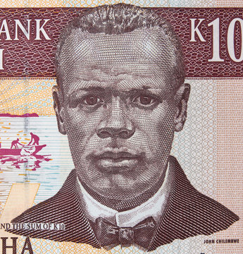 John Chilembwe portrait on Malawi 10 kwacha banknote close up macro. Hero of Malawian independence..