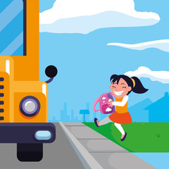 happy student girl in the school bus stop scene