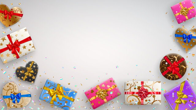 Background with colorful gift boxes with ribbons, bows and various patterns